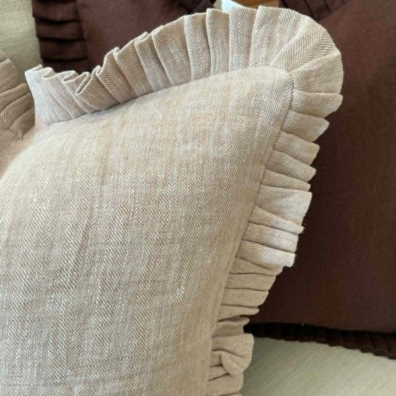 Beige Herringbone Cushion Cover with Frill – 100% Linen