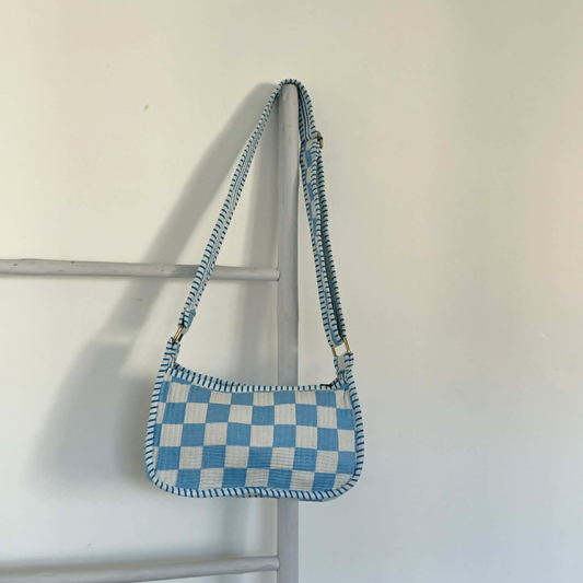 Blue Check Mini Shoulder Tote Bag