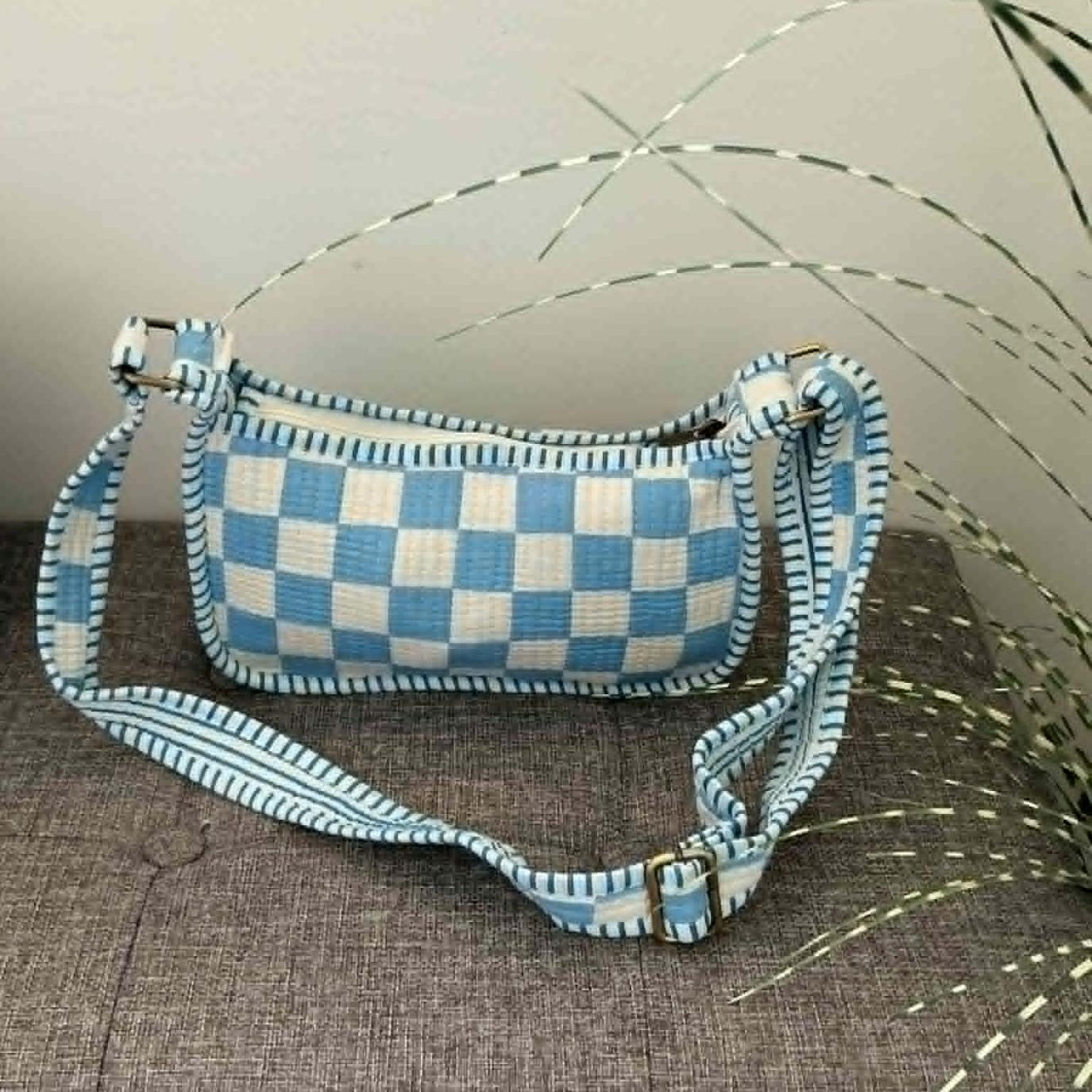 Blue Check Mini Shoulder Tote Bag