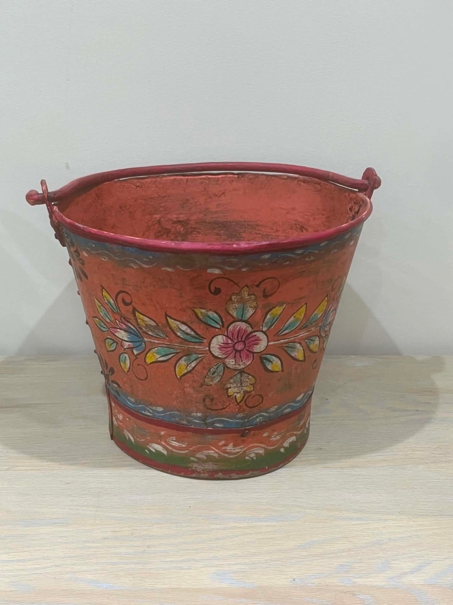 Salvaged Peach Hand Painted Bucket Planter