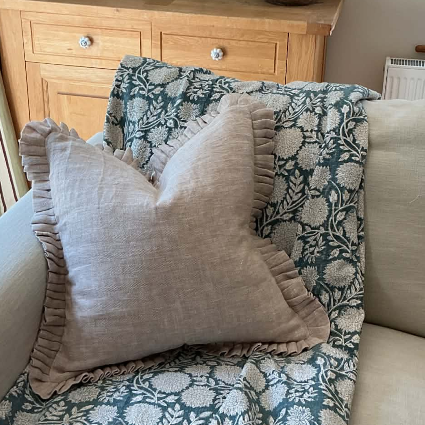 Beige Herringbone Cushion Cover with Frill – 100% Linen