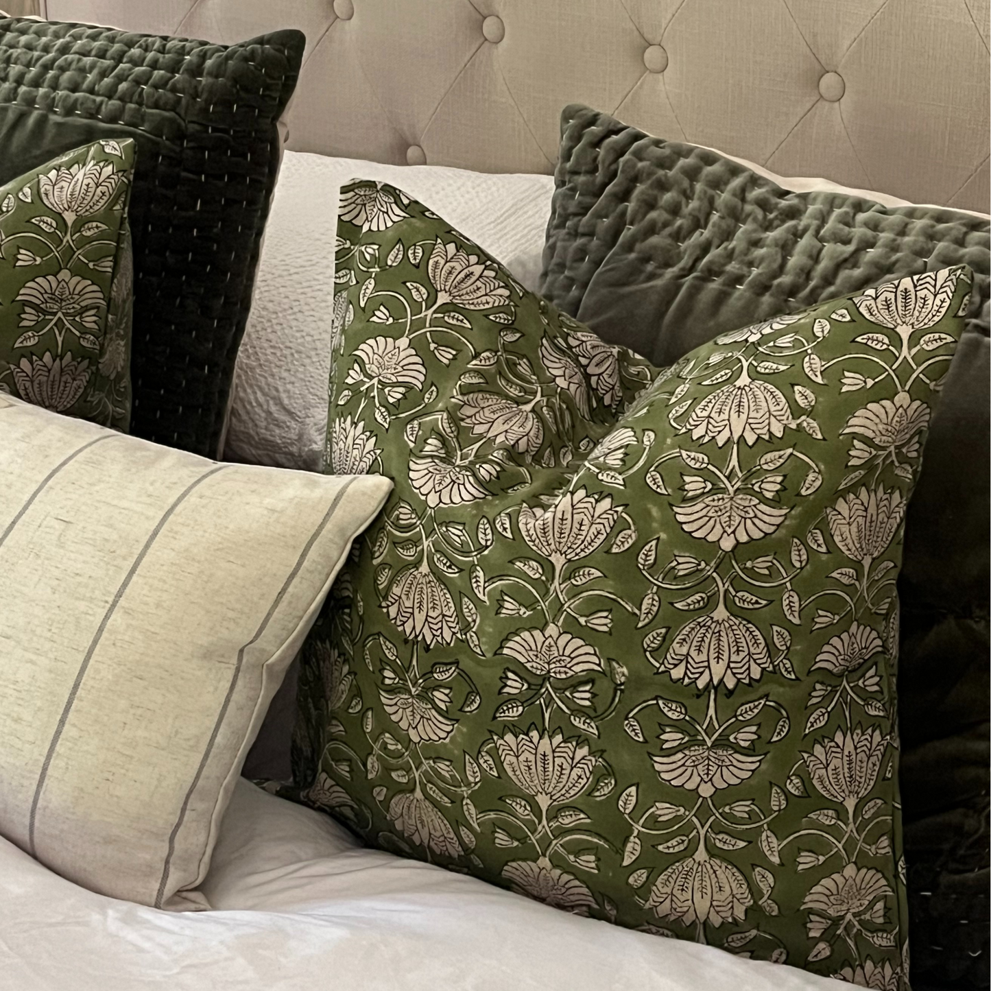 SHREYA Hand Block Cushion - Olive/ Stone