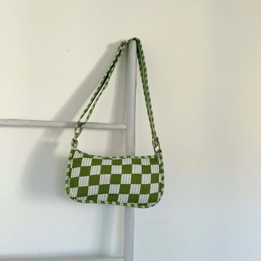 Olive Green Check Mini Shoulder Tote Bag