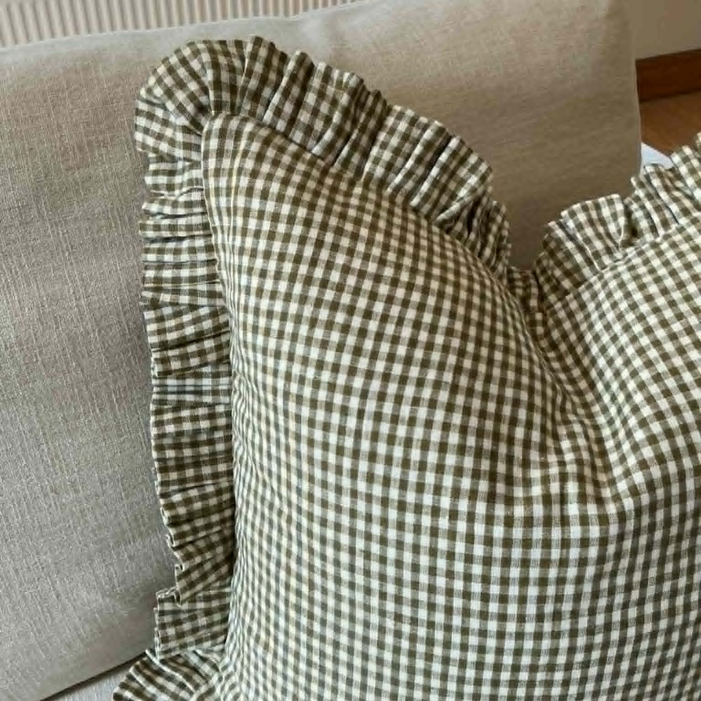 Olive Green Gingham Cushion Cover with Frill – 100% Linen