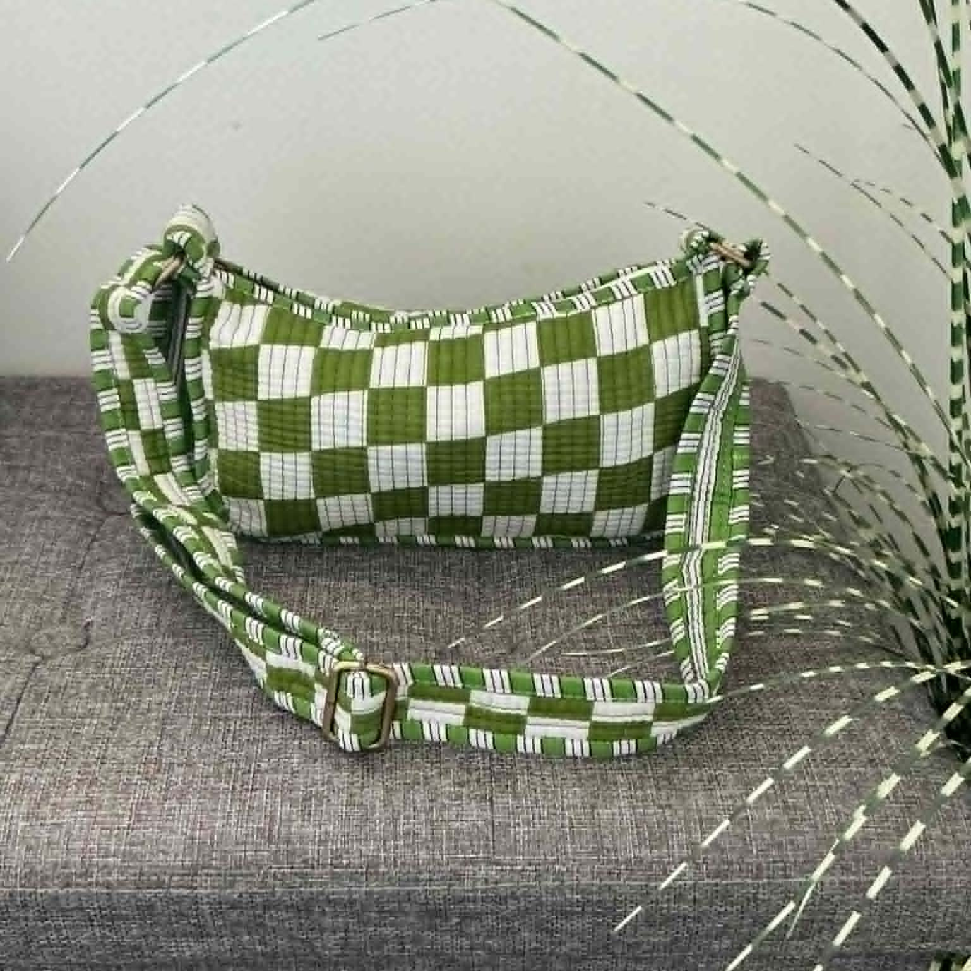 Olive Green Check Mini Shoulder Tote Bag