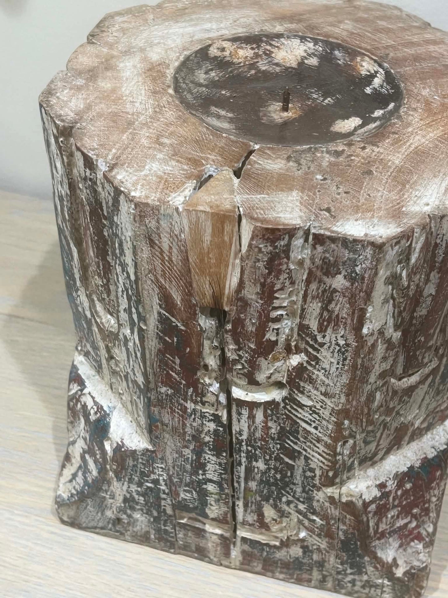 Large Salvaged Hand Carved Indian Pillar Candle Holder (H)