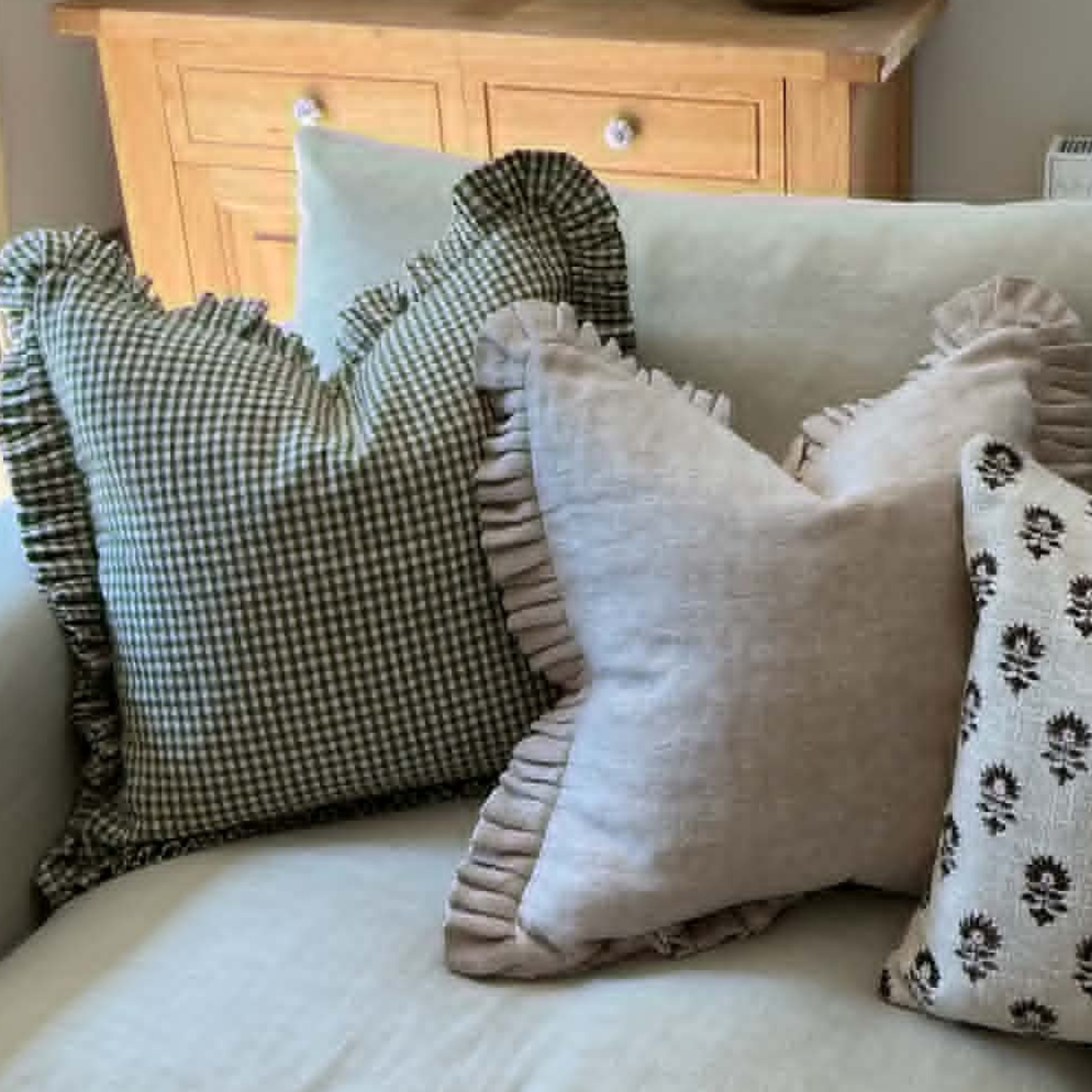 Olive Green Gingham Cushion Cover with Frill – 100% Linen