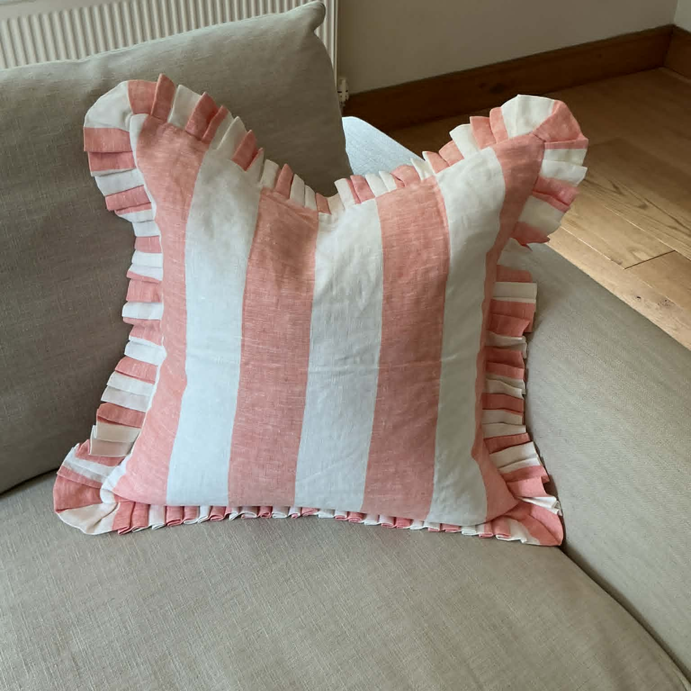 Pink & White Stripe Cushion Cover with Frill – 100% Linen