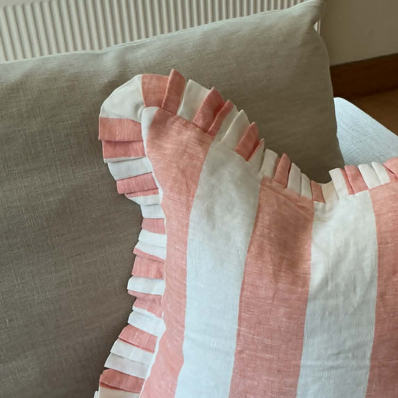 Pink & White Stripe Cushion Cover with Frill – 100% Linen