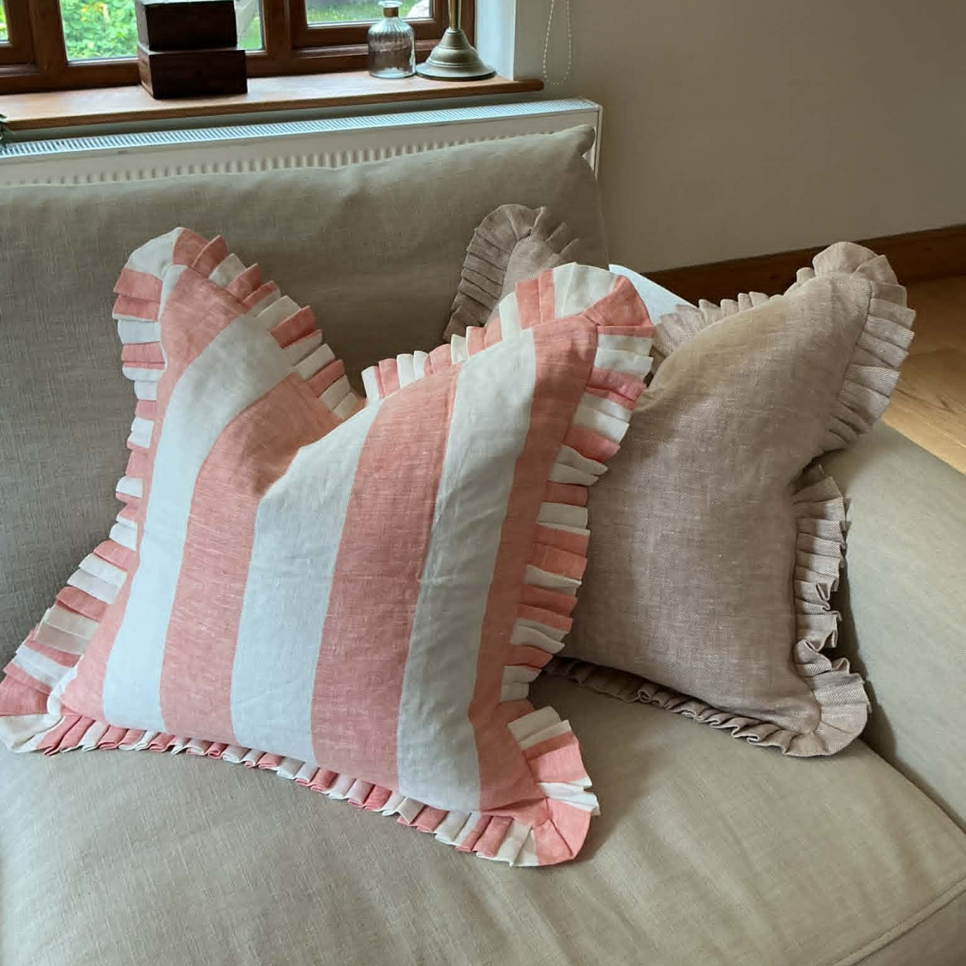 Pink & White Stripe Cushion Cover with Frill – 100% Linen