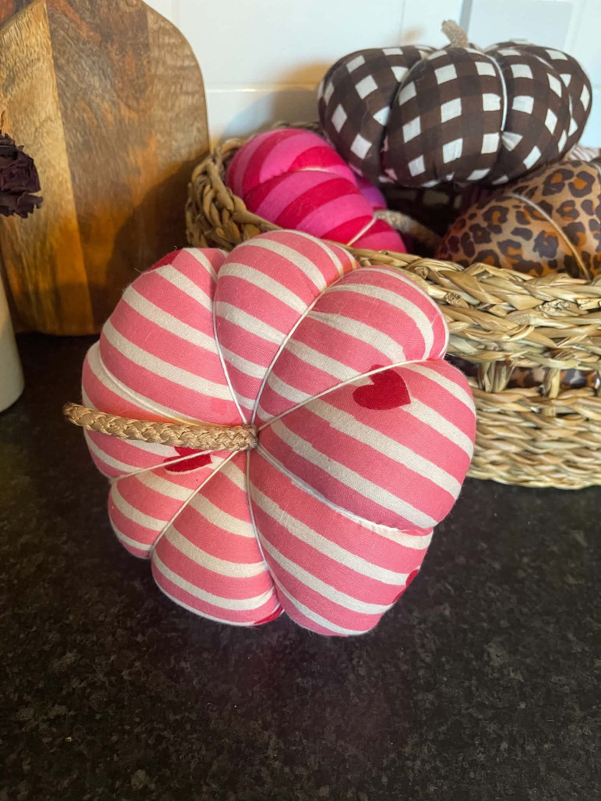 Handmade Pink with Red Hearts Pumpkin