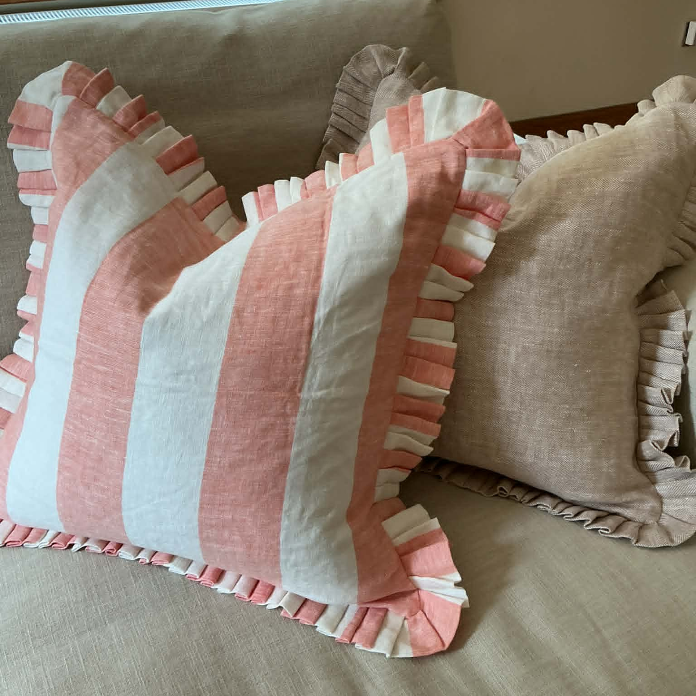 Pink & White Stripe Cushion Cover with Frill – 100% Linen