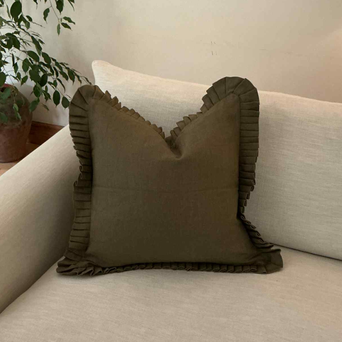 Olive Green Cushion with Frill - 100% Linen