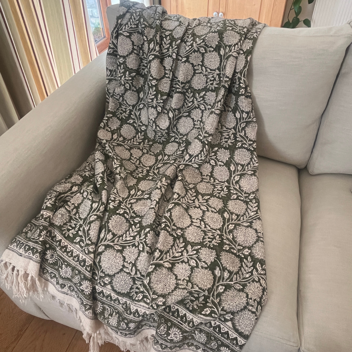 EMILY Hand Block Printed Throw - Olive Green
