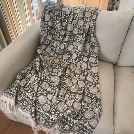 EMILY Hand Block Printed Throw - Olive Green