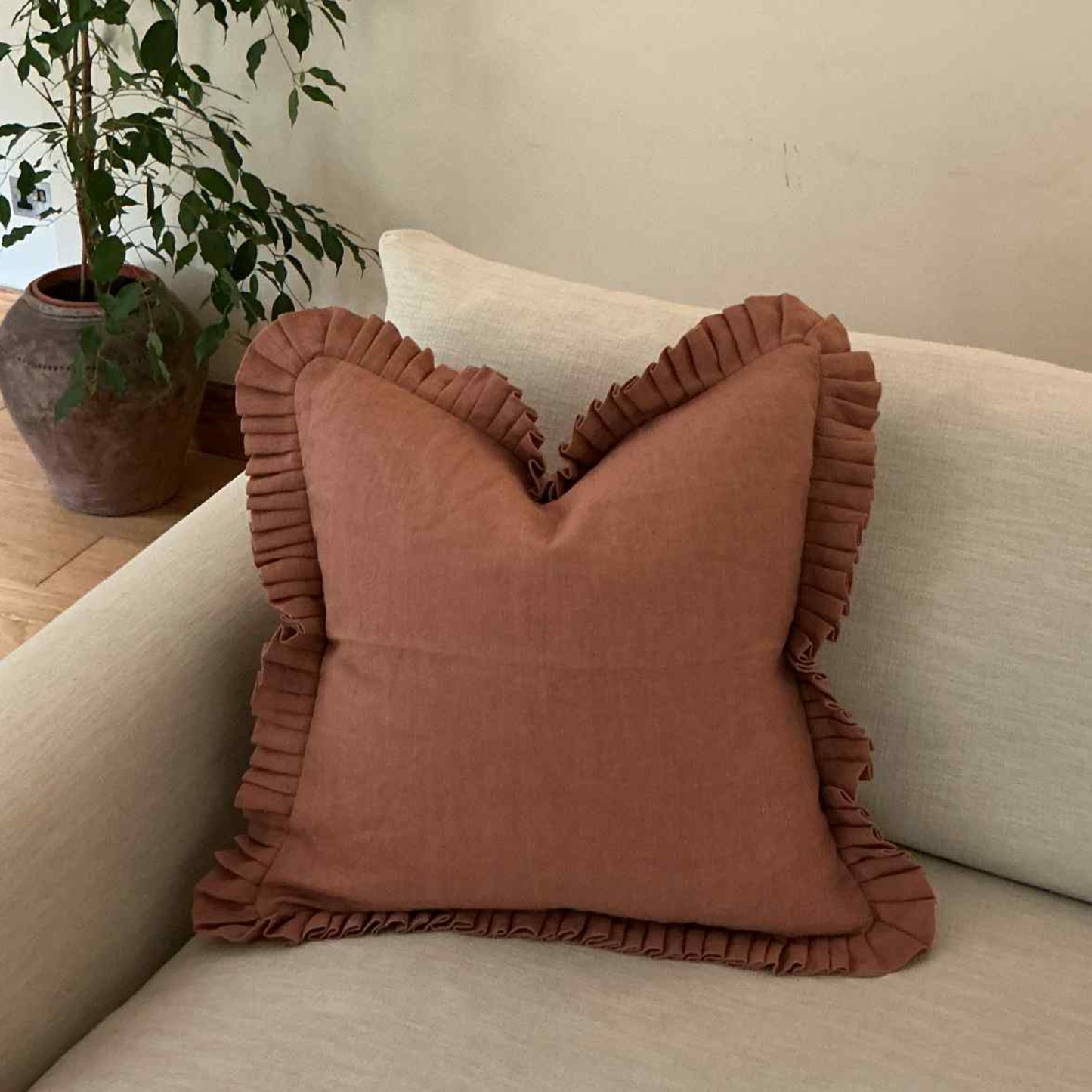 Terracotta Cushion with Frill - 100% Linen