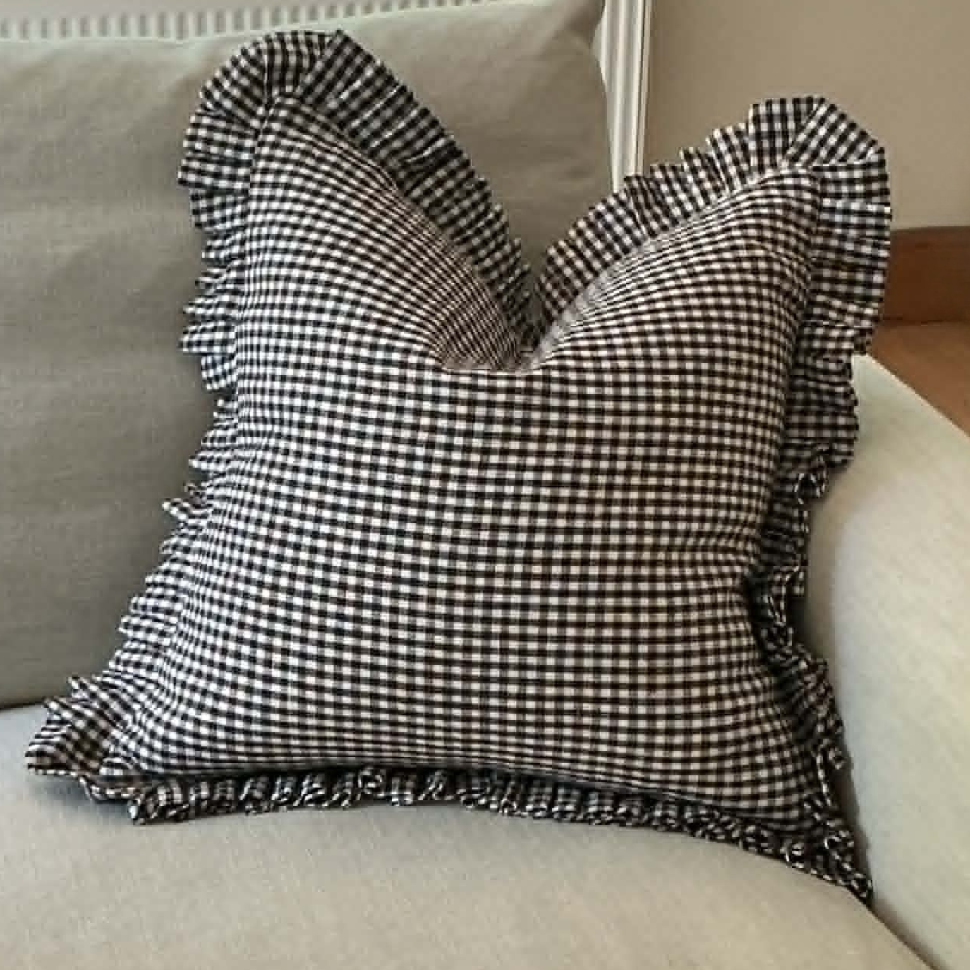 Dark Brown Gingham Cushion Cover with Frill – 100% Linen