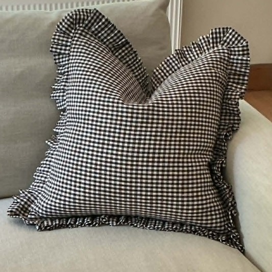 Dark Brown Gingham Cushion Cover with Frill – 100% Linen