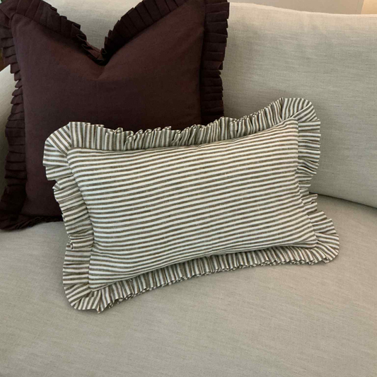 Olive Stripe Cushion with Frill - 100% Linen