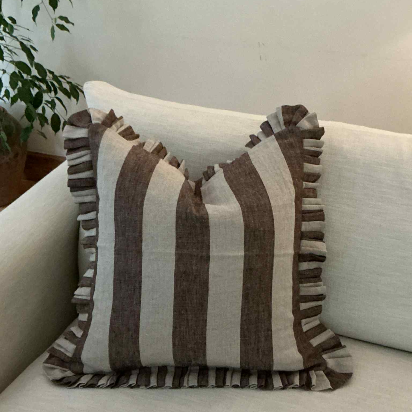 Greige Brown Stripe Cushion with Frill - 100% Linen
