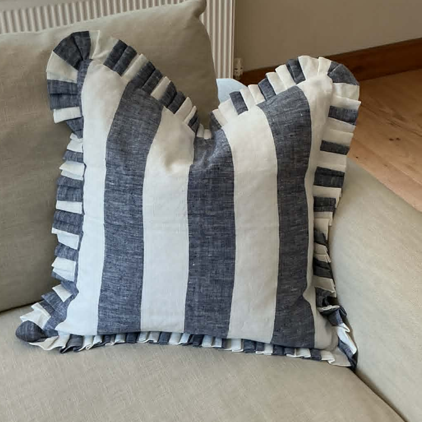 Blue & White Stripe Cushion Cover with Frill – 100% Linen