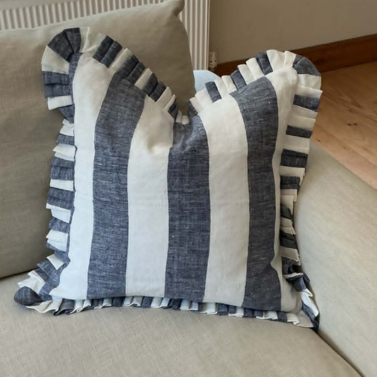 Blue & White Stripe Cushion Cover with Frill – 100% Linen