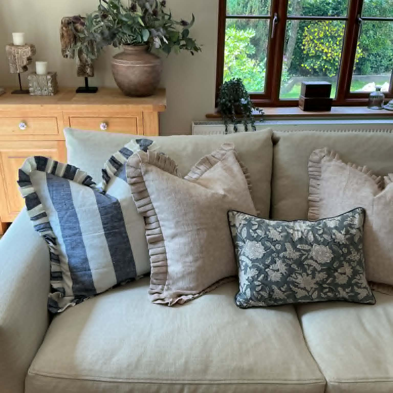 Blue & White Stripe Cushion Cover with Frill – 100% Linen