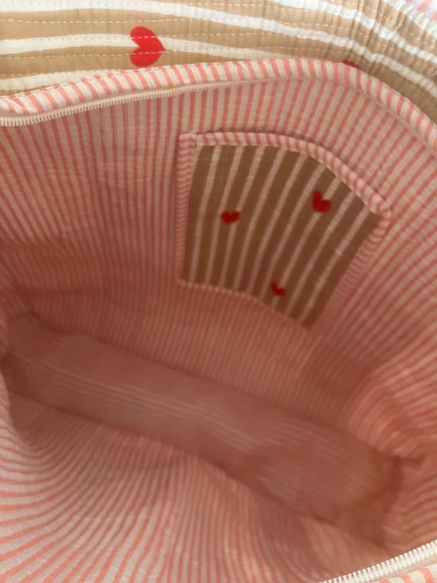 Beige Red Hearts Tote Bag
