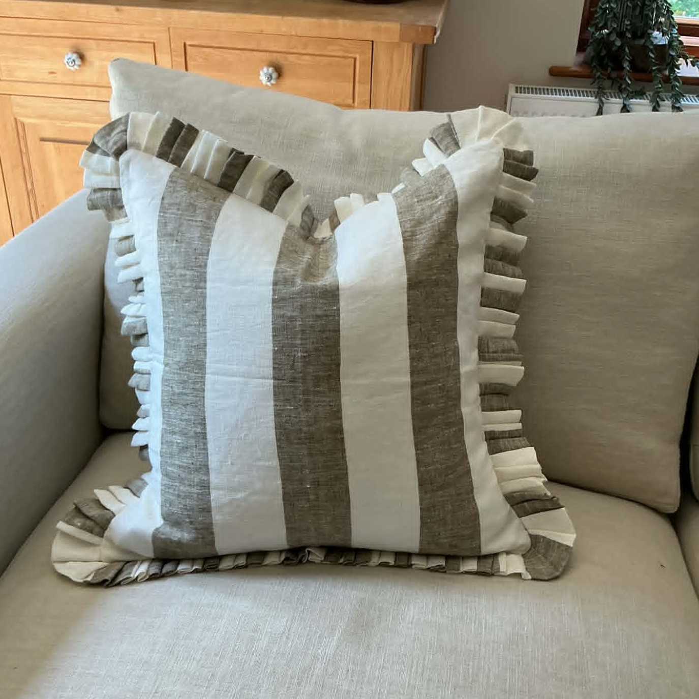Green Greige Cushion Cover with Frill – 100% Linen