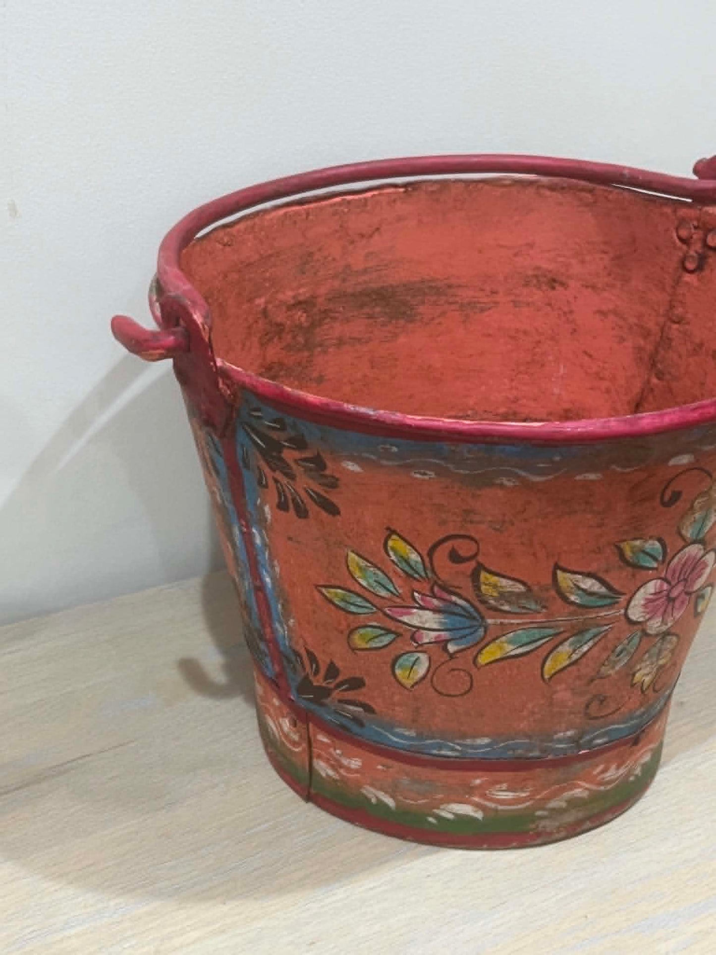 Salvaged Peach Hand Painted Bucket Planter