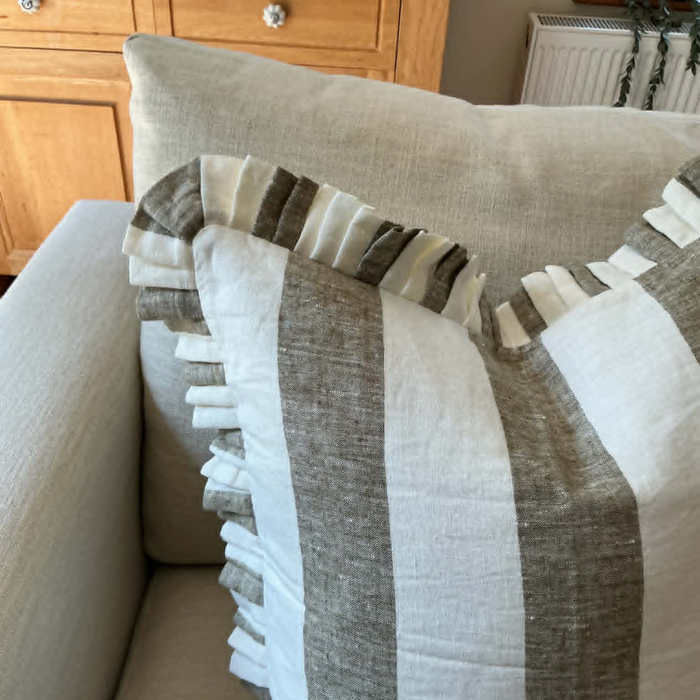 Green Greige Cushion Cover with Frill – 100% Linen