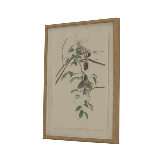 Botanical Framed Linen Print with Chikadees