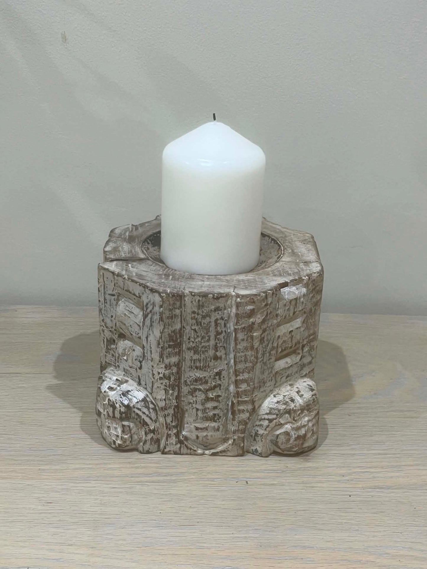 Salvaged Hand Carved Indian Pillar Candle Holder (B)