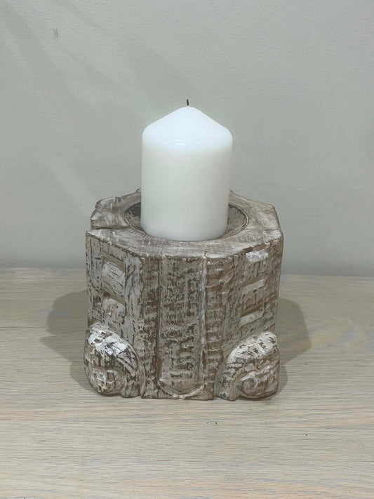 Salvaged Hand Carved Indian Pillar Candle Holder (B)