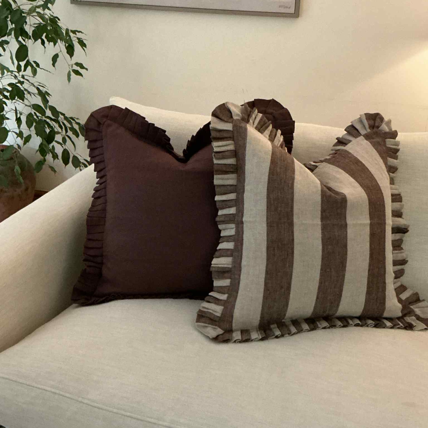 Greige Brown Stripe Cushion with Frill - 100% Linen