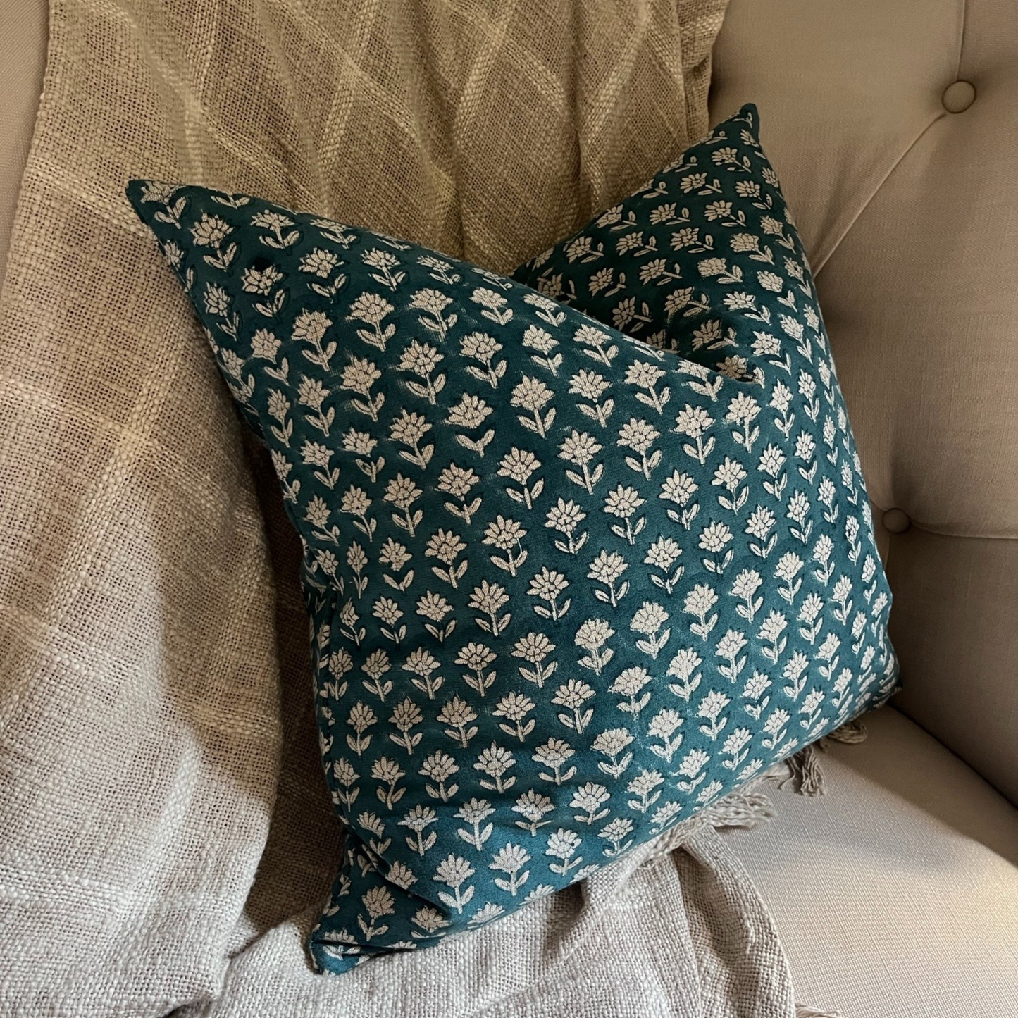 INDIA Hand Block Printed Cushion - Indigo/ Stone