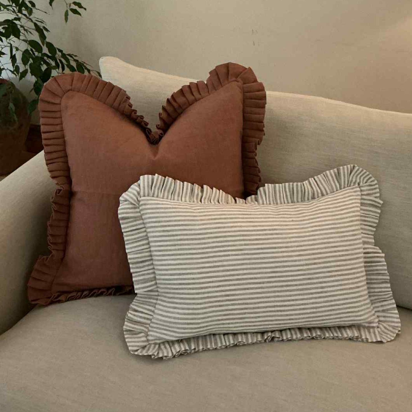Natural Stripe Cushion with Frill - 100% Linen