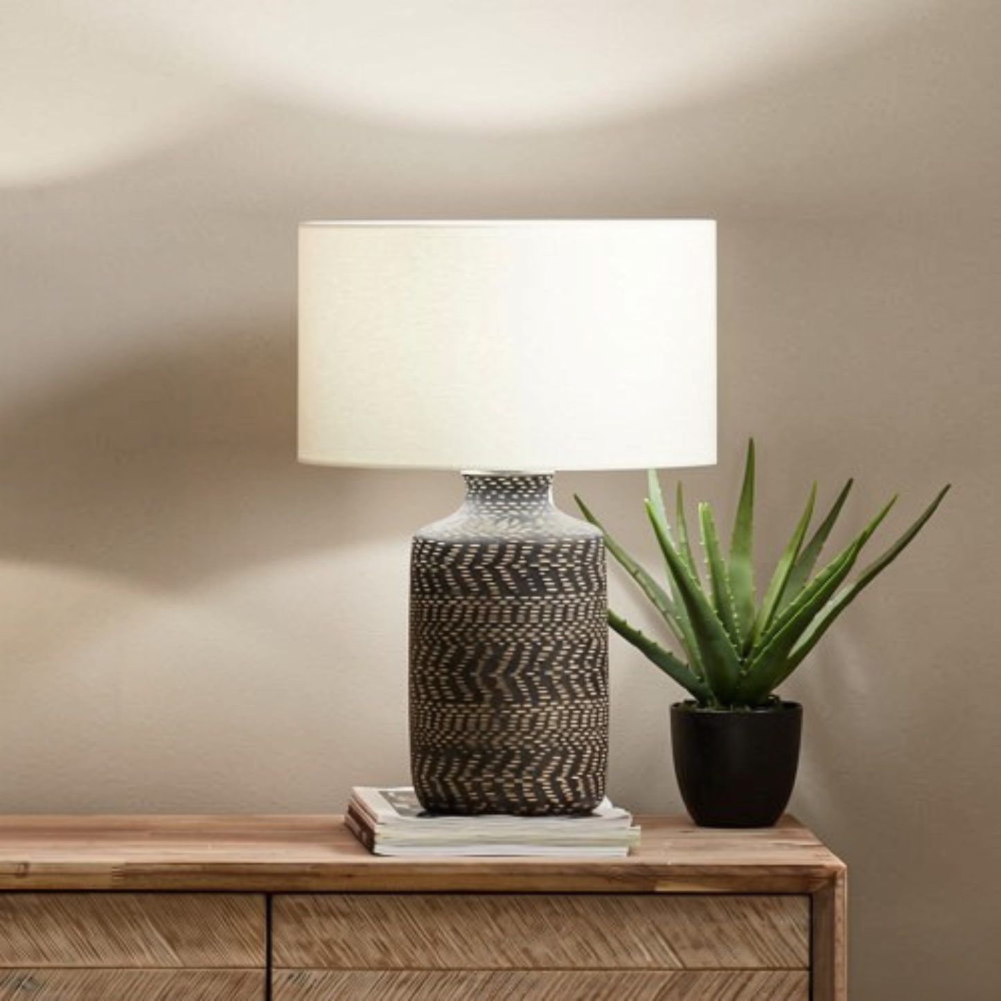 Textured Black Stoneware Table Lamp