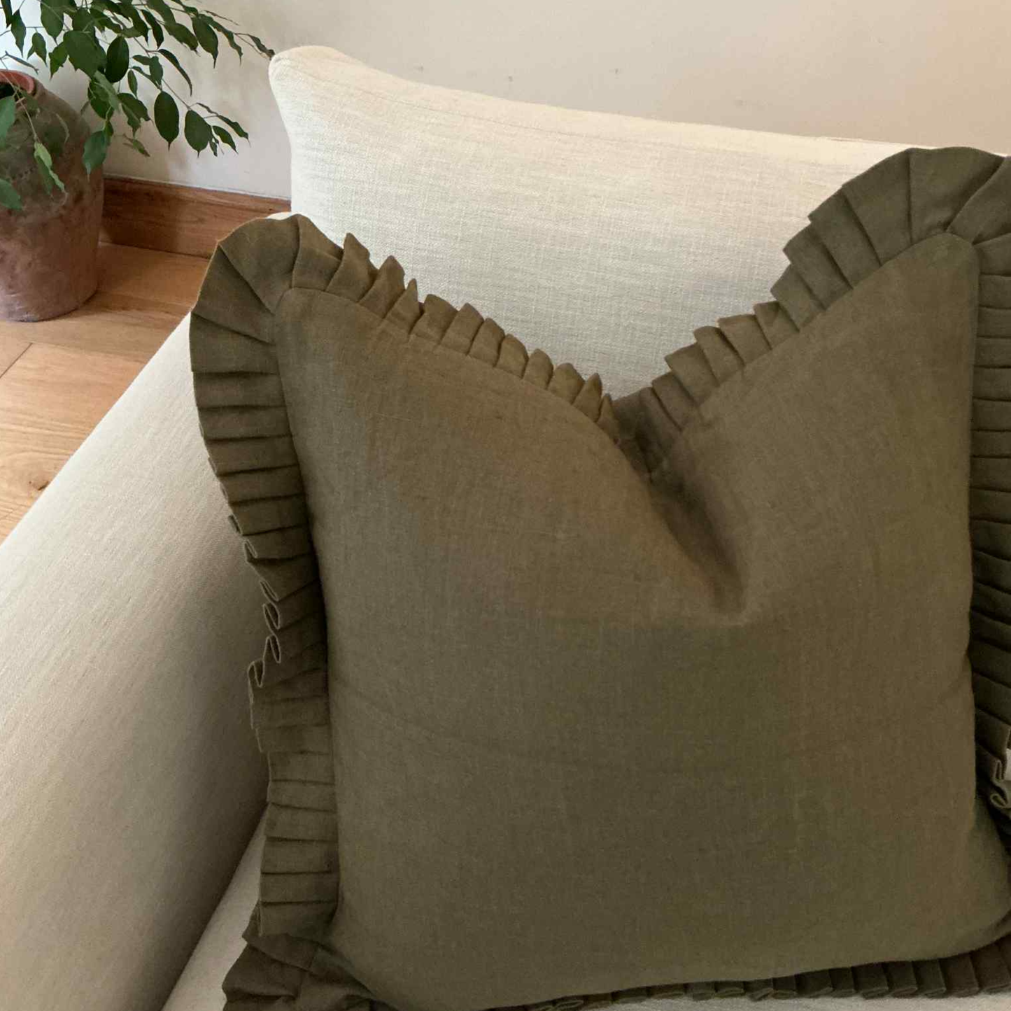 Olive Green Cushion with Frill - 100% Linen
