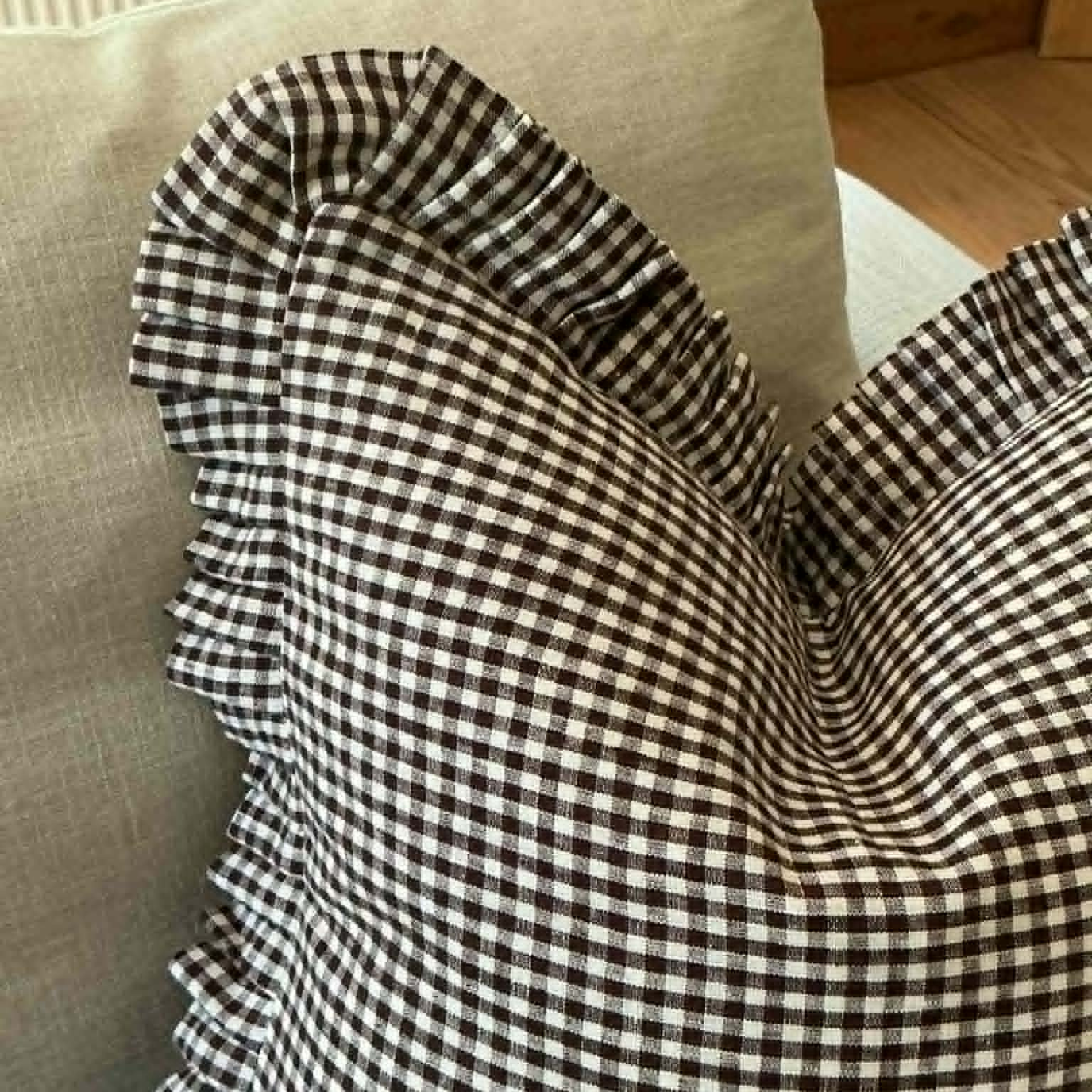 Dark Brown Gingham Cushion Cover with Frill – 100% Linen