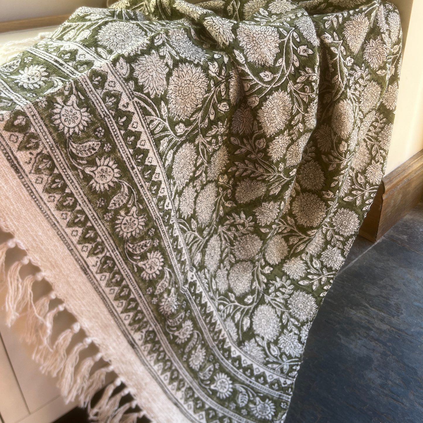 EMILY Hand Block Printed Throw - Olive Green
