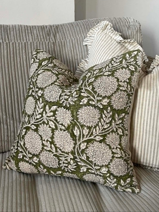 Emily Hand Block Printed Cushion - Olive Green