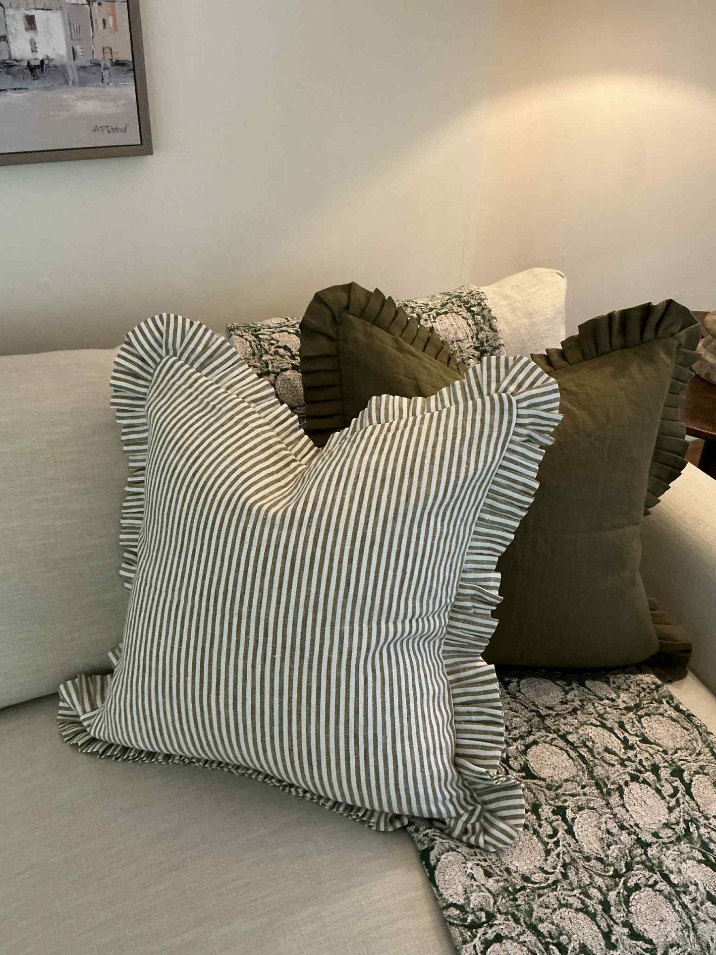 Olive Green Stripe Cushion Cover with Frill - 100% Linen