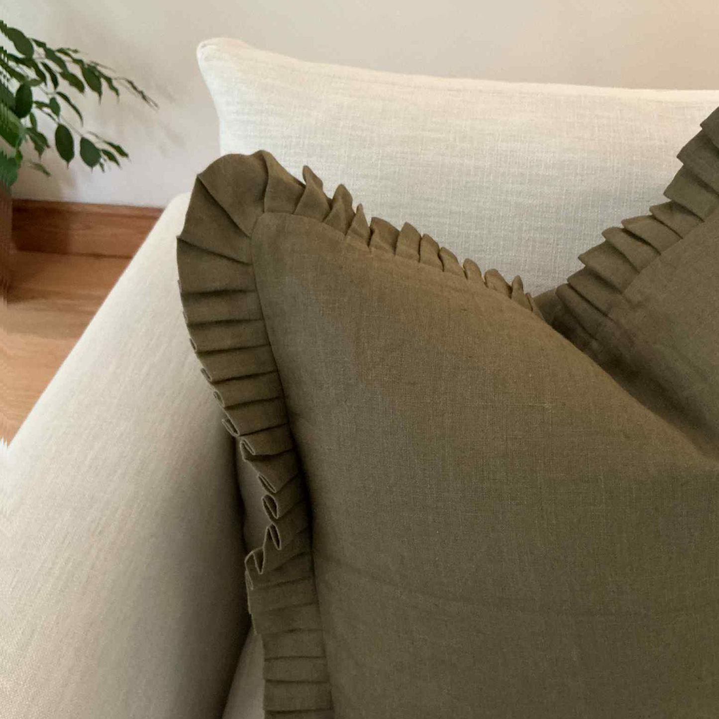 Olive Green Cushion with Frill - 100% Linen
