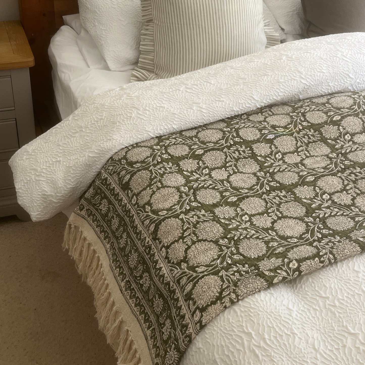 EMILY Hand Block Printed Throw - Olive Green