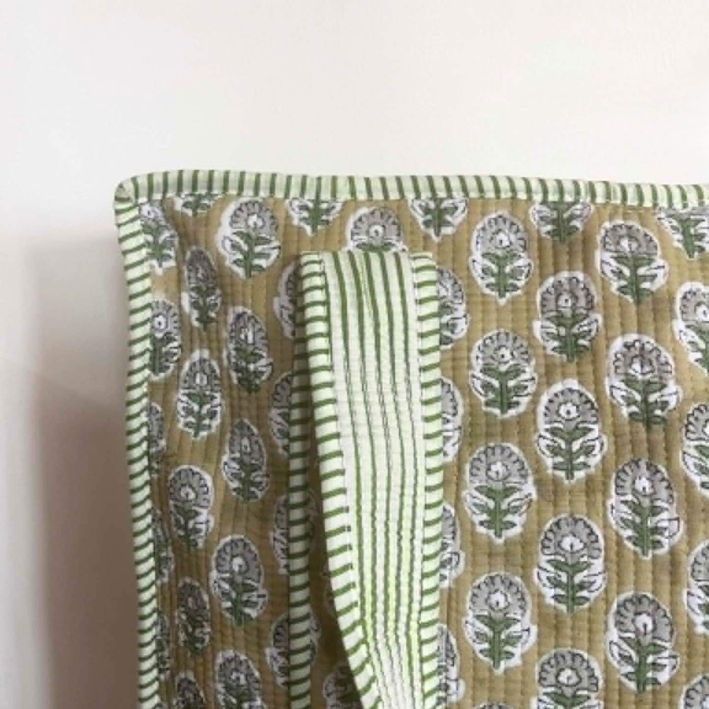 Khaki Floral Hand Block Print Tote Bag