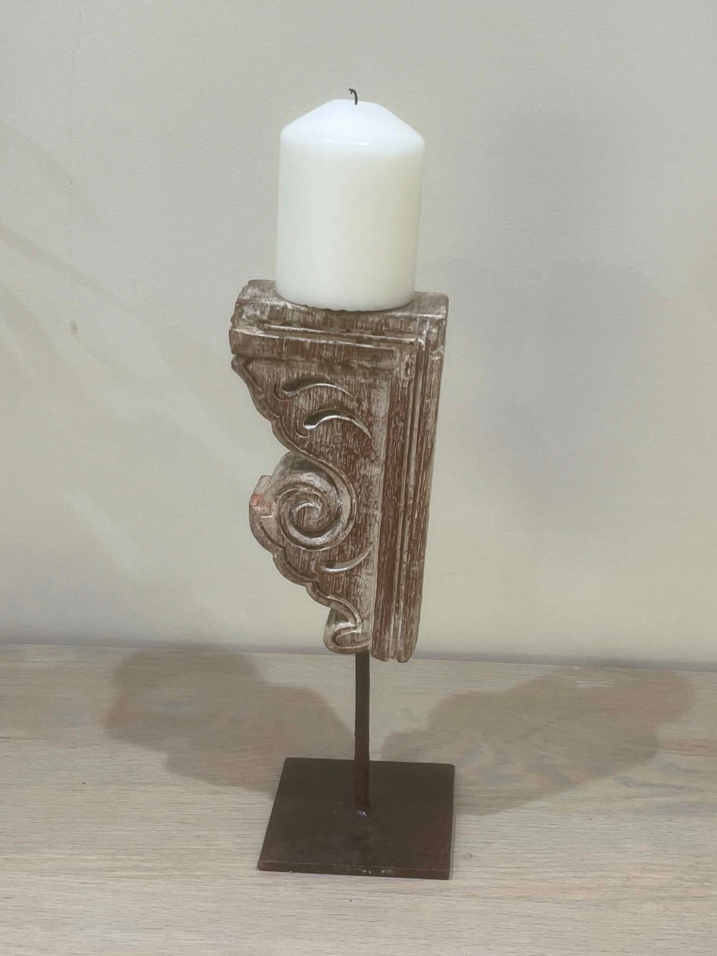 Salvaged Hand Carved Indian Pillar Candle Holder (F)