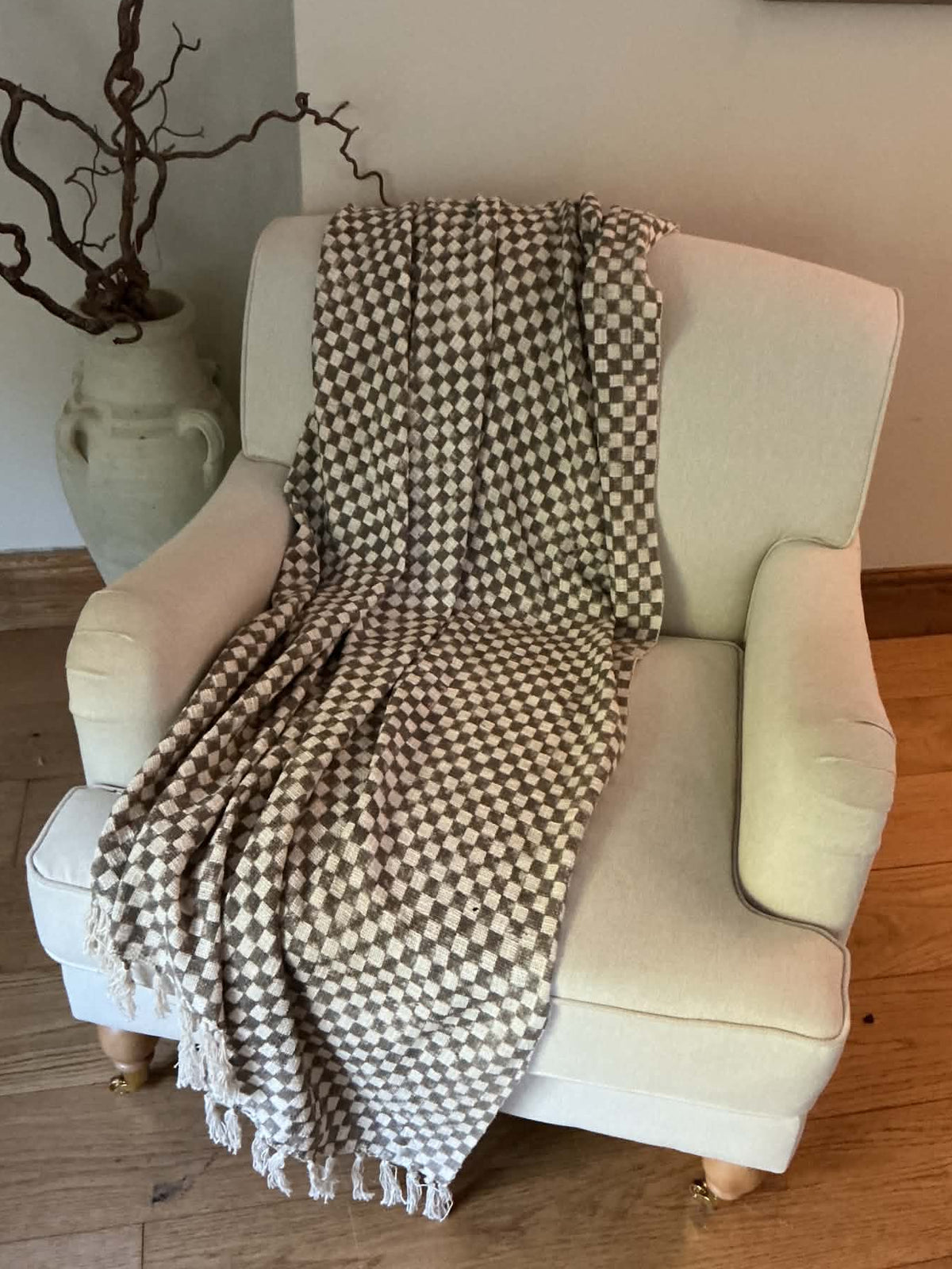 Ashwick Hand Block Printed Check Throw - Grey
