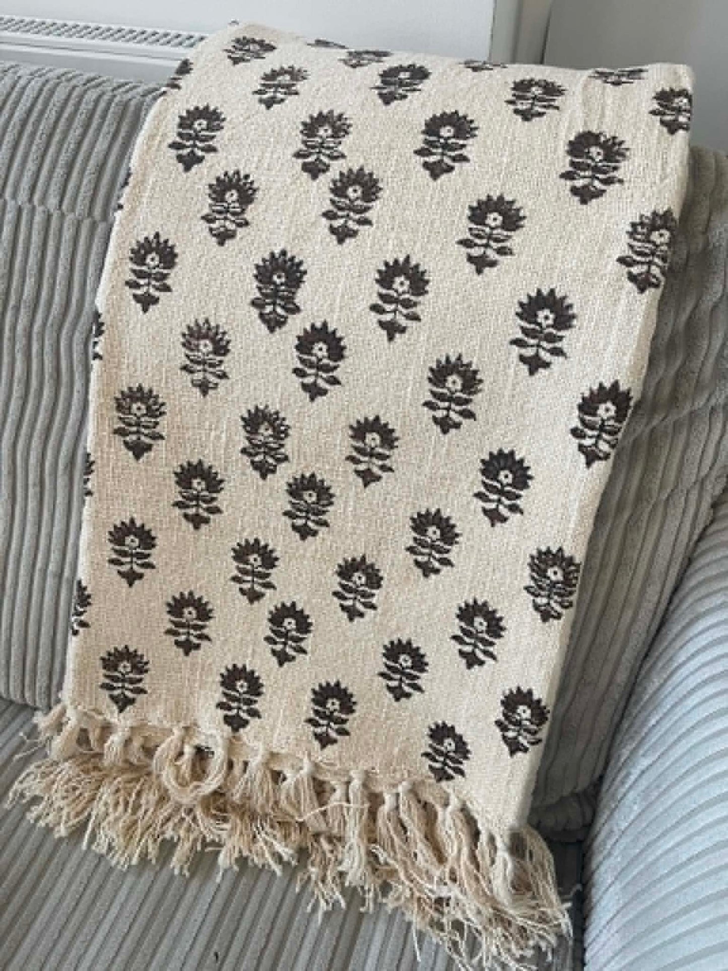 LARA Hand Block Printed Throw - Dark Brown/ Cream