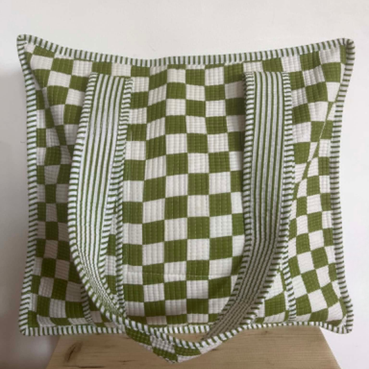 Olive Green Check Tote Bag